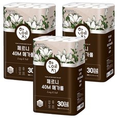 Hanyeji Perni Mega Roll 3層天然木漿衛生紙, 40m, 30捲, 3個