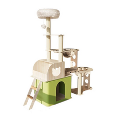 Horla 賀啦 生活家具用品 綠屋雙艙帶梯貓跳台 多功能設計 玩法多樣 牛津布抓柱 耐磨又耐抓, 綠色 + 原木色, 1個