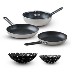 Masterpro by Alessi 電磁爐平底鍋6件組, 平底鍋 24cm + 28cm + 炒鍋 28cm + 玻璃鍋蓋 28cm + 水果籃 24cm + 28cm, 1套, 灰色(平底鍋), 隨機出貨(水果籃)