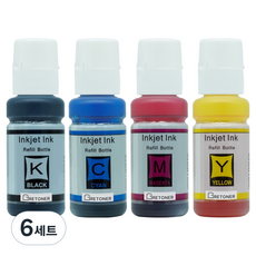 탑젯 엡손 T664 호환 무한 리필 잉크 4종 세트, 검정, 파랑, 빨강, 노랑, 6세트 검정, 파랑, 빨강, 노랑, 6세트