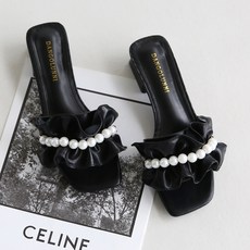 dangolunni 女款褶皺珍珠裝飾休閒穆勒拖鞋 3cm, 黑色, 230