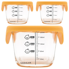 LocknLock 樂扣樂扣 GLASS 嬰兒副食品方形保鮮盒 耐熱玻璃材質 附刻度 適用於微波爐、洗碗機、烤箱, 橘色, 260ml, 3個