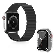 디씨네트워크 프리미엄 레더 루프 스트랩 42 / 44 / 45 / 49mm + 풀커버 강화케이스 42mm 세트, 블랙(스트랩), 반투명(강화케이스), 1개