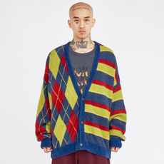 AJOBYAJO 菱格紋條紋拼接開襟衫 AJ234OT016