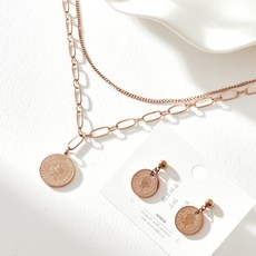 noid-b 醫療鋼雙層錢幣鍊條項鍊耳環套組