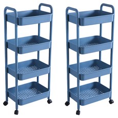 德利生活 小推車置物架 4層 PP塑料 萬向滑輪, 藍色, 2個