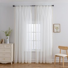 Mimesole 雪紡流蘇透光流蘇穿桿式窗簾, 白色