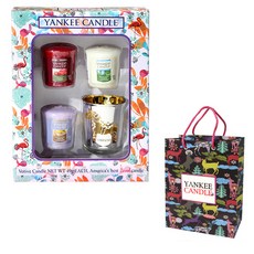 Yankee Candle 還願蠟燭 3 種 + 銀色瑞典小馬燭台金色 + 購物袋禮品套裝, 款式隨機, 混色