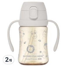 네이쳐러브메레 애니멀프렌즈 PPSU 원터치 빨대컵, 210ml, 2개, 밀크그레이
