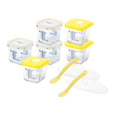 Glasslock 副食品刻度調理盒 四面扣蓋款3入+透氣孔蓋款3入+矽膠感溫湯匙2入, 黃色, 270ml, 1組