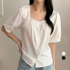 afinar 女款方領鈕扣抓皺短袖上衣