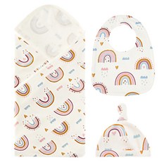 Kori Deer 可莉鹿 彌月禮盒組 嬰兒包巾帽兜套裝 北歐風新生兒禮品, 彩虹, 寶寶帽 頭圍40cm + 包巾 75 x 75cm + 圍兜 27 x 19.7cm