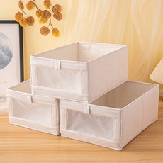 星森 亞麻透明窗布料折疊收納箱, 象牙白, 4個