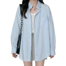 寬鬆素面長袖襯衫 棉+聚酯纖維