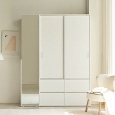 스칸디아 모어빅 키큰 서랍형 슬라이딩 옷장 + 전신거울 좌측형 선반장 1600 세트 방문설치, 화이트