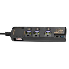 POLYWELL 20W PD/QC快充4切3座電源延長線 3孔 Type-C, 20.5cm, PW15-T05-A089, 1條, 黑色