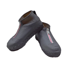 拉鍊式防水鞋套，加厚彈性矽膠材質, XL, 黑灰色