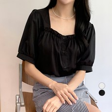 afinar 女款方領鈕扣抓皺短袖上衣