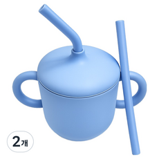 幼兒防逆流矽膠水杯 + 吸管組, 藍色, 2組, 200ml