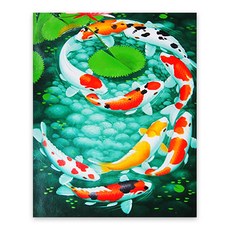 KMELLIE 圓形 鑽石畫 DIY 一體式 3D 畫布框 40 x 50 cm, 1個, 大運九魚圖