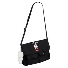 Juvelo 熊熊雙口袋簡約斜背信差包 附小熊, 黑色