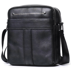 喜番屋 頭層牛皮豎款男士肩背小包 LB1171, 黑色
