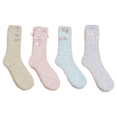 삭피엔스 여성용 보들보들 극세사 무압박 롱 수면양말 리본 4종 세트