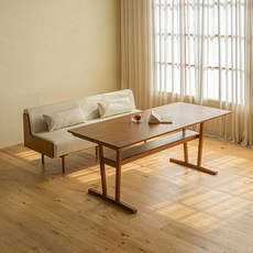 레트로하우스 미네 리빙다이닝 원목 1800 식탁 + 1800 가죽 소파 + 쿠션 2p 세트 6인용 방문설치, 식탁(월넛) + 소파(월넛 + 크림베이지)