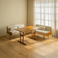 레트로하우스 미네 리빙다이닝 원목 코너형 1400 식탁 + 1400 가죽 소파 + 1250 가죽 소파 + 쿠션 3p 세트 4인용 방문설치, 식탁(월넛) + 소파(월넛 + 크림베이지)