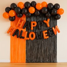 PARTYSHOW 萬聖節鋁箔氣球 HAPPY HALLOWEEN + 雨絲簾 橘色 2入 + 黑色 2入 + 點膠, 橘色, 黑色, 1套