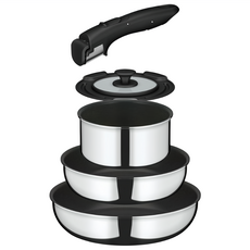 THERMOS 膳魔師 耐用系列 煎鍋5件組 KSF-5A S, 1套, 專用手柄 + 鍋用蓋 16cm + 平底鍋 22cm + 平底鍋 26cm + 鍋子 16cm, 不鏽鋼色