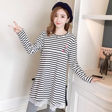 孕婦條紋下擺蕾絲長袖連身裙