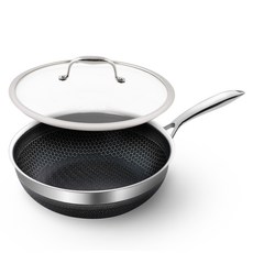 Cookcell IH爐適用陶瓷蜂巢紋不沾深炒鍋 黑色+玻璃鍋蓋組, 20cm, 1組