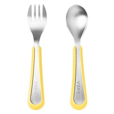 VIIDA Soufflé 抗菌不鏽鋼叉匙組(S) 安全 不含BPA, 1 支幼兒湯匙 + 1 支叉子, 檸檬黃, 1組