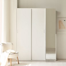 스칸디아 모어빅 키큰 행거형 슬라이딩 옷장 + 전신거울 우측형 선반장 1600 세트 방문설치, 화이트