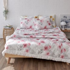 LaMonte Blooming花朵印花荷葉邊泡泡紗衍縫薄被, 粉色
