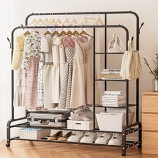 씨크펀 이동식 2단 스탠드 옷걸이 시스템 행거 고하중 25mm, 블랙