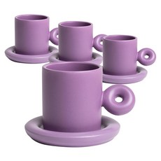 파스텔 링 도넛 카페 커피잔 + 소서 세트, 퍼플, 4세트