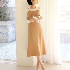 BBAEBBAE 女款開衩線條馬甲連身裙, 米色