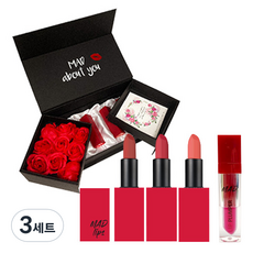 霧面唇膏 3種+豐唇蜜+禮卡+人造玫瑰花, 3組