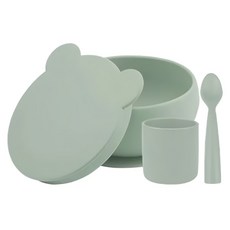MiNiKOiOi 小美食家碗杯匙3件組, 吸盤碗12 x 6.5cm 300ml + 學習杯6.5 x 7cm 180ml + 湯匙13.2 x 2.7 x 1.6cm, 抹茶綠, 1組
