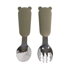 Sweet Lil' Monster 怪獸寶貝 熊熊不銹鋼叉匙隨行組 FDA抗菌不銹鋼 1組 墨綠色, 叉, 匙