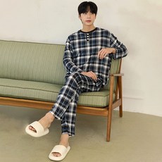 GLAM GONGGAM 情侶款 Verse 格紋蜜桃絨長袖睡衣上下套裝