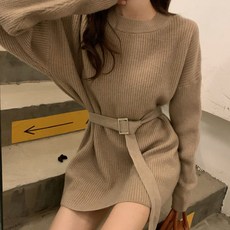 더시럽 여성용 루즈핏 벨 니트 미니 원피스