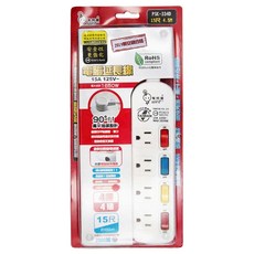 spirit 電精靈 125V 15A 4開4插 3P 扁平插頭 電腦延長線, 4.5m, 白色, 1條