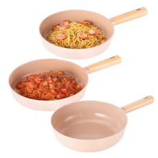 nEOFLam IH電磁爐適用Fika Object鍋具3件組, 平底鍋 24cm+平底鍋 28cm+炒鍋 26cm, Mini Peach