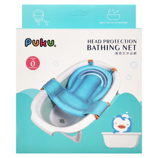 PUKU 藍色企鵝 護頭式沐浴網, 0個月以上適用, 背部支撐, 安全防滑, 水藍色, 1個