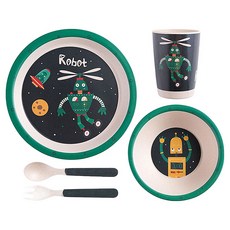 竹纖維兒童餐具5件套, 容易清洗, 自然環保, 餐盤 + 小碗 + 杯子 + 叉子 + 湯匙, 機器人, 1組
