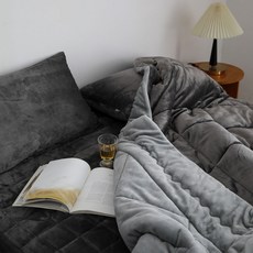 韓國 amante Soulmate 法蘭絨極細纖維雙面鋪棉被, 深灰色+灰色