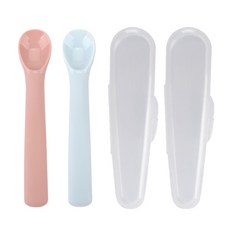 Dailylike Bonbon 幼兒矽膠湯匙組 湯匙*2支+收納盒*2個 7-12個月, 草莓粉+天空藍, 1組
